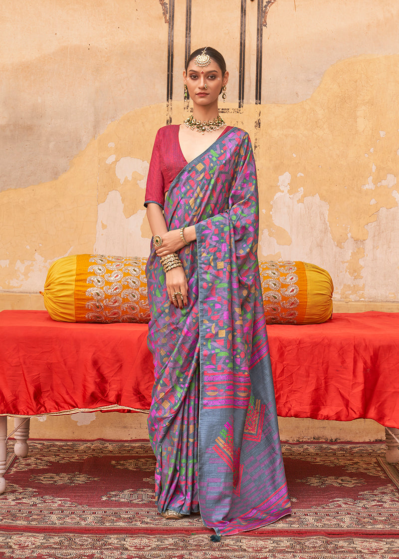 Monjolika Fashion Silk Blend Printed Grey Trendy Saree For Casual | Grocsy