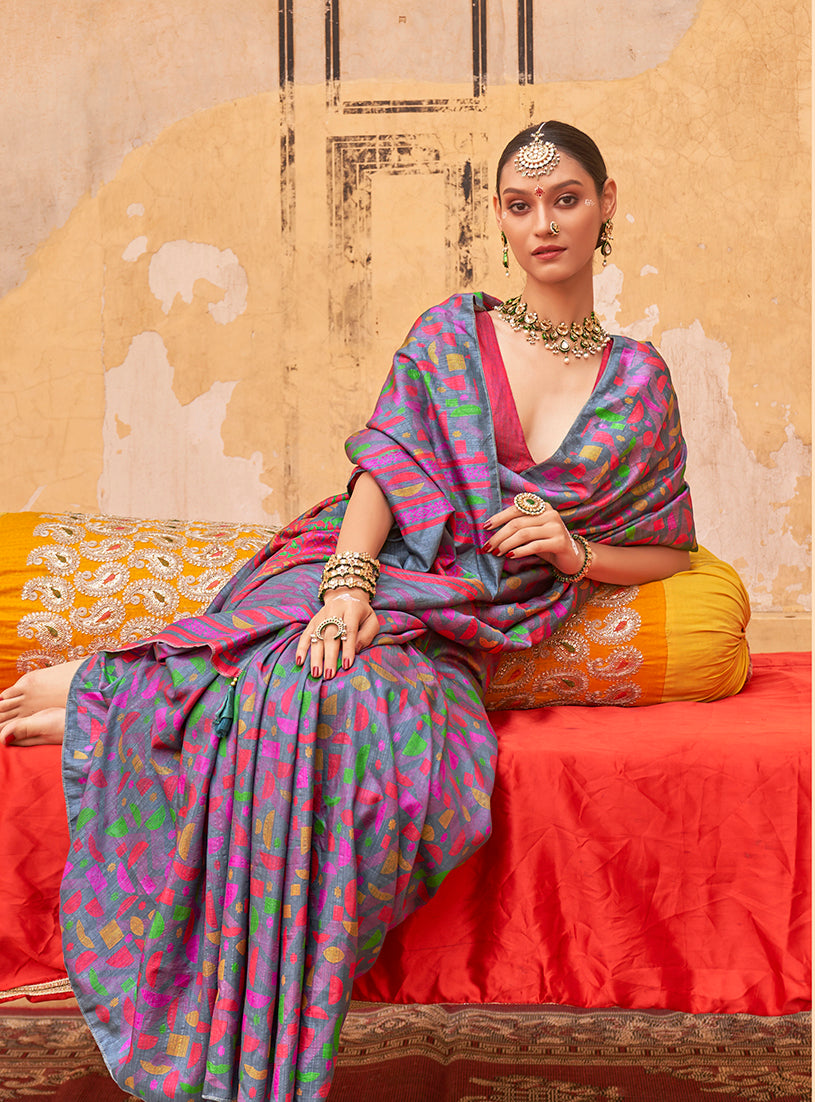 Monjolika Fashion Silk Blend Printed Grey Trendy Saree For Casual | Grocsy