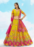 Monjolika Fashion Yellow & Pink Silk Heavy Embroidered Bridal Lehenga Choli | Grocsy