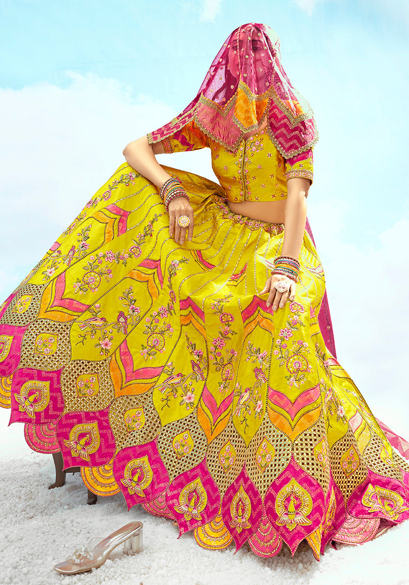 Monjolika Fashion Yellow & Pink Silk Heavy Embroidered Bridal Lehenga Choli | Grocsy
