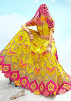 Monjolika Fashion Yellow & Pink Silk Heavy Embroidered Bridal Lehenga Choli | Grocsy