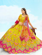 Monjolika Fashion Yellow & Pink Silk Heavy Embroidered Bridal Lehenga Choli | Grocsy