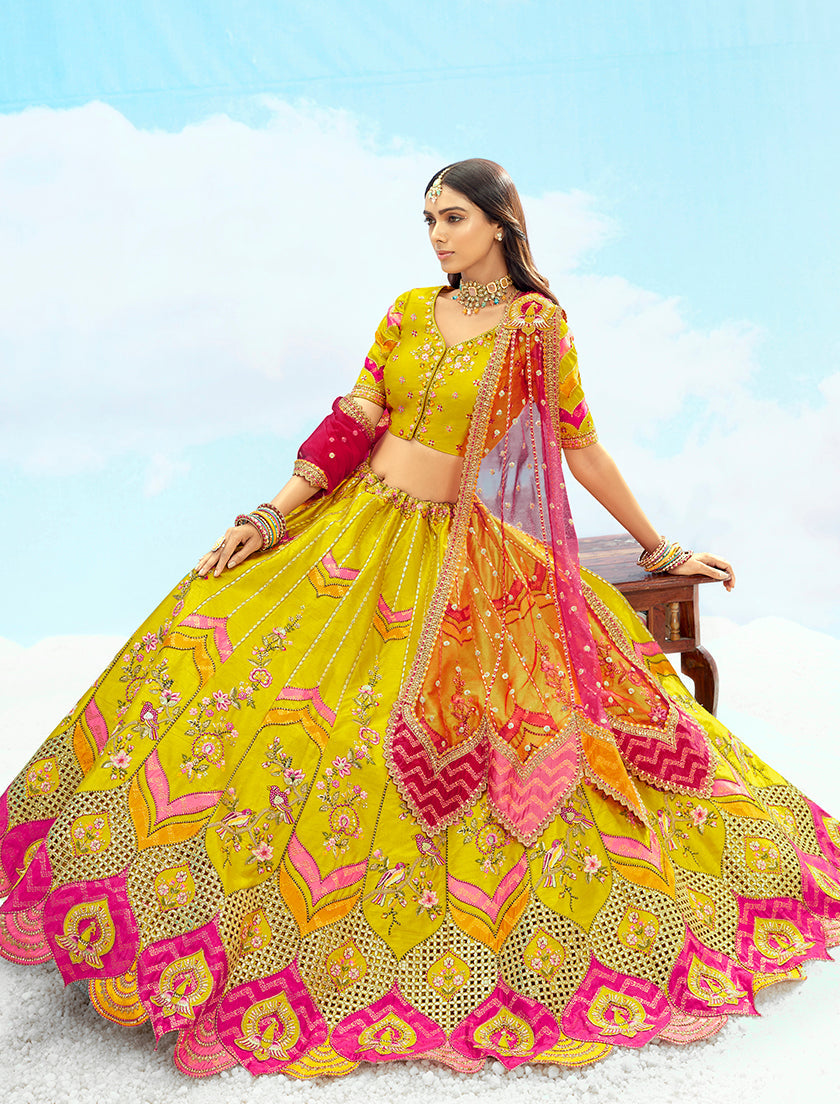 Monjolika Fashion Yellow & Pink Silk Heavy Embroidered Bridal Lehenga Choli | Grocsy