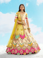 Monjolika Fashion Ivory & Yellow Silk Heavy Embroidered Wedding Lehenga Choli | Grocsy
