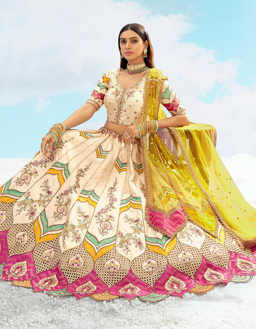 Monjolika Fashion Ivory & Yellow Silk Heavy Embroidered Wedding Lehenga Choli | Grocsy