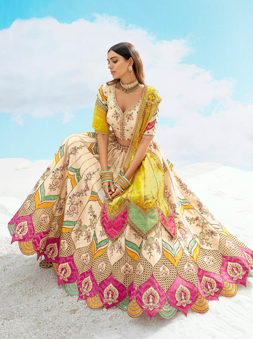 Monjolika Fashion Ivory & Yellow Silk Heavy Embroidered Wedding Lehenga Choli | Grocsy