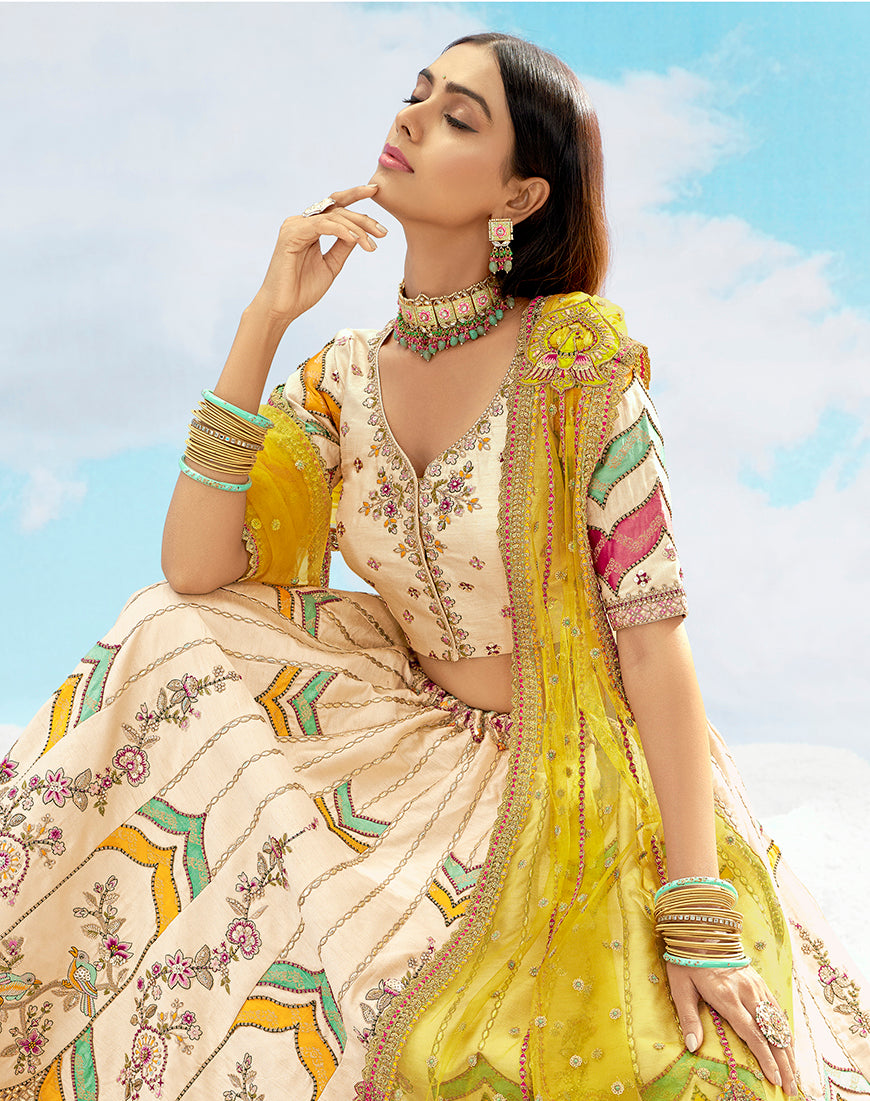 Monjolika Fashion Ivory & Yellow Silk Heavy Embroidered Wedding Lehenga Choli | Grocsy