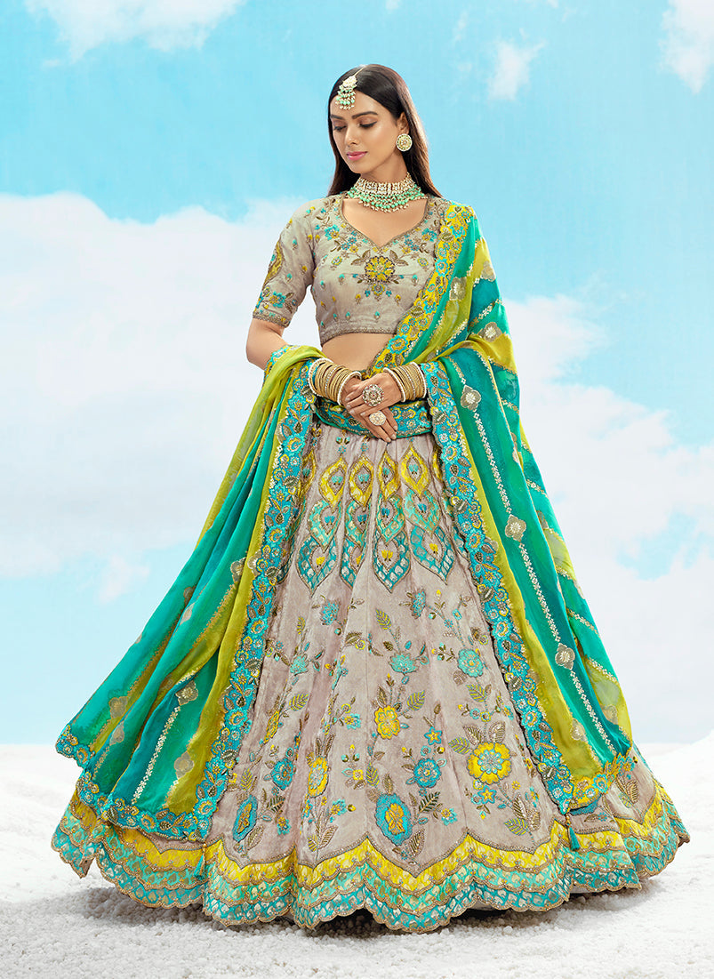 Monjolika Fashion Light Grey & Sea Green Silk Bridal Lehenga Choli with Sequence Embroidery | Grocsy