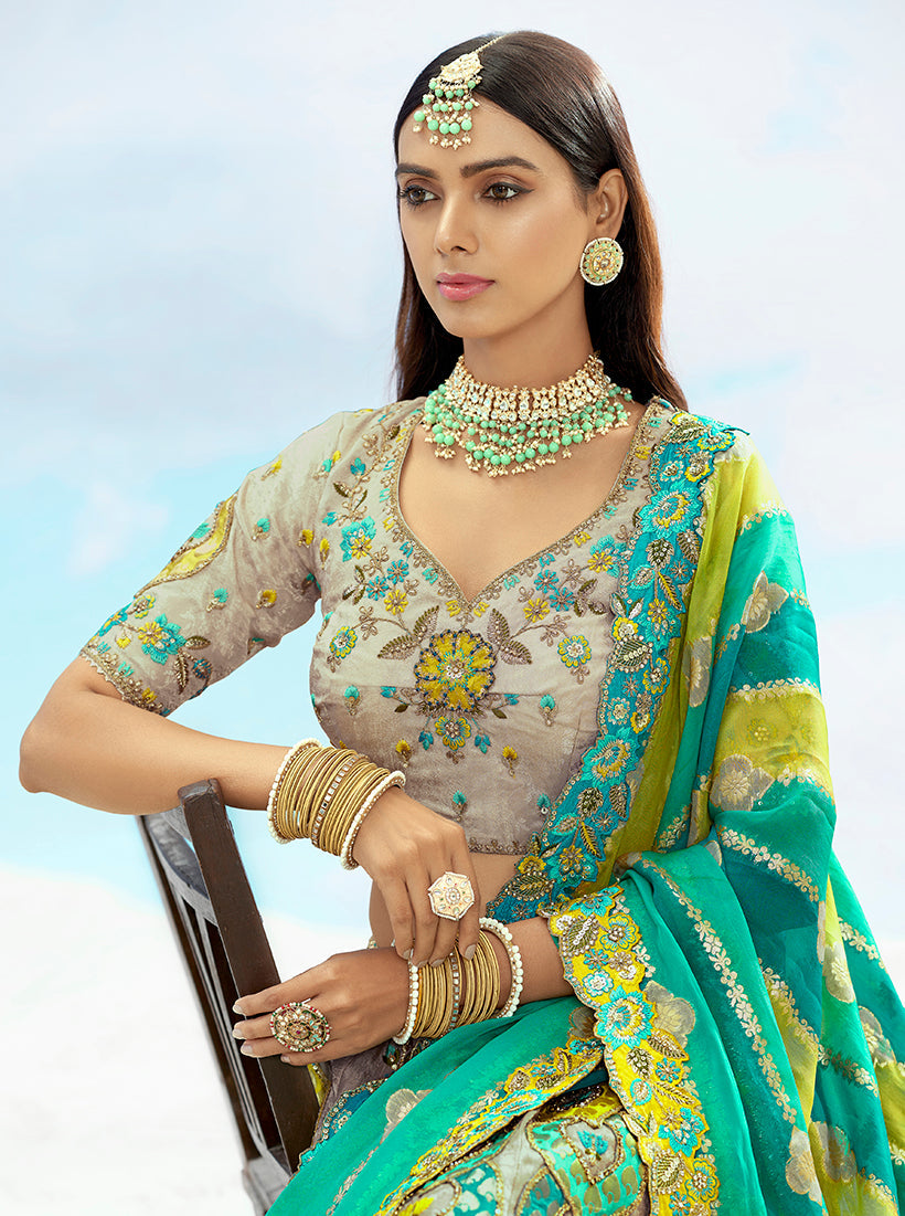 Monjolika Fashion Light Grey & Sea Green Silk Bridal Lehenga Choli with Sequence Embroidery | Grocsy