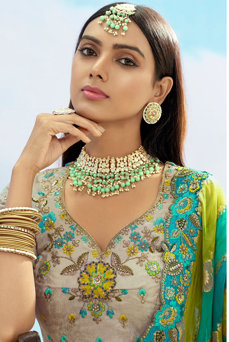Monjolika Fashion Light Grey & Sea Green Silk Bridal Lehenga Choli with Sequence Embroidery | Grocsy