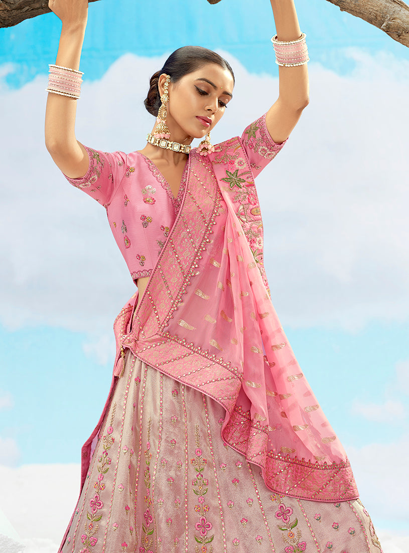 Monjolika Fashion Pink Silk Sequins Trendy Reception Lehenga Choli | Grocsy