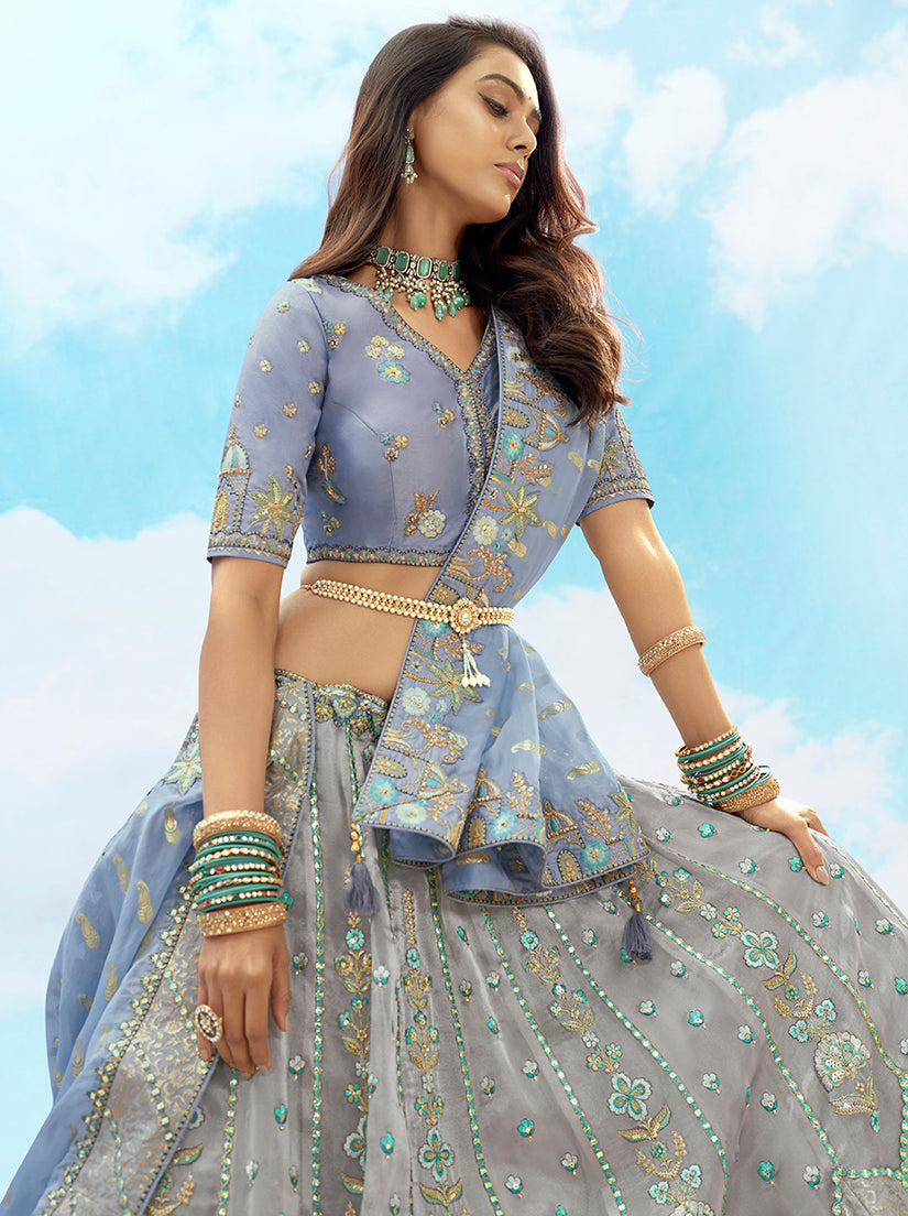 Monjolika Fashion Grey & Light Blue Silk Heavy Embroidered Wedding Lehenga Choli | Grocsy