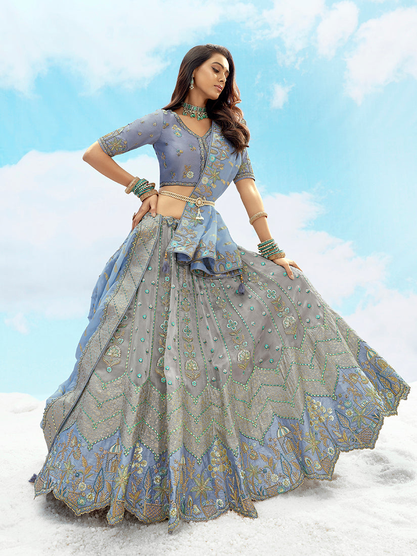 Monjolika Fashion Grey & Light Blue Silk Heavy Embroidered Wedding Lehenga Choli | Grocsy