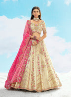 Monjolika Fashion Cream & Pink Silk Wedding Lehenga Choli with Embroidery & Stone Work | Grocsy