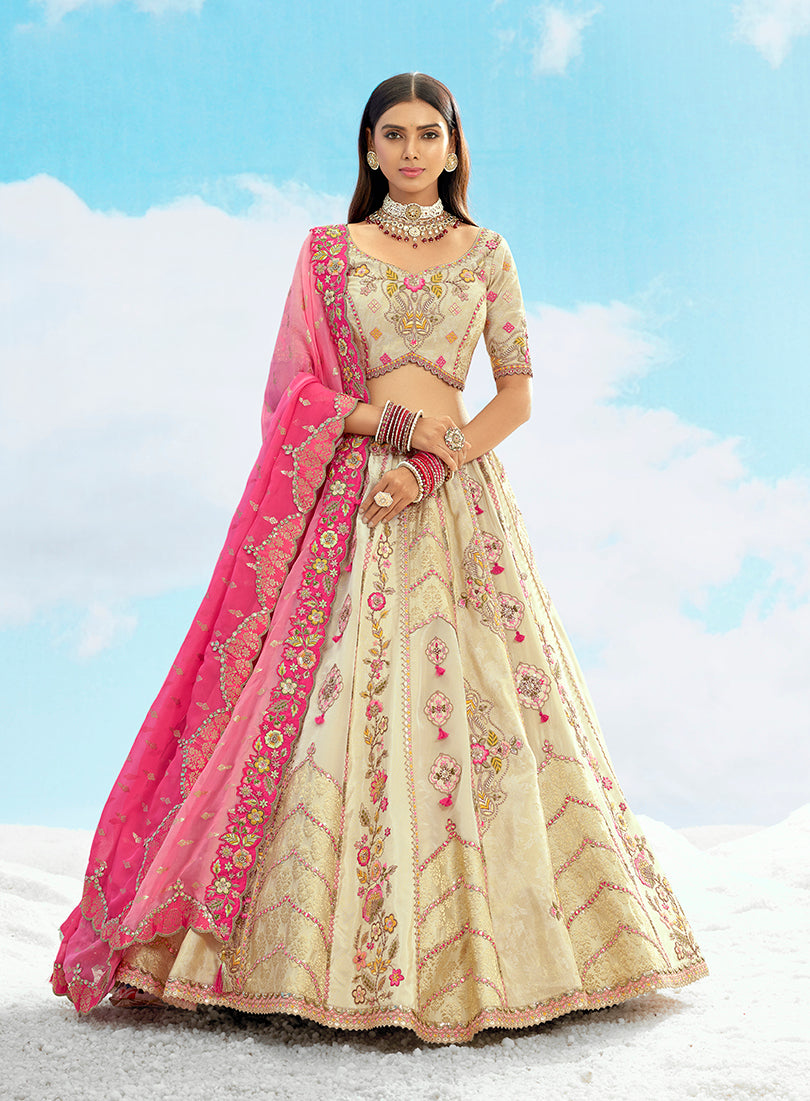 Monjolika Fashion Cream & Pink Silk Wedding Lehenga Choli with Embroidery & Stone Work | Grocsy