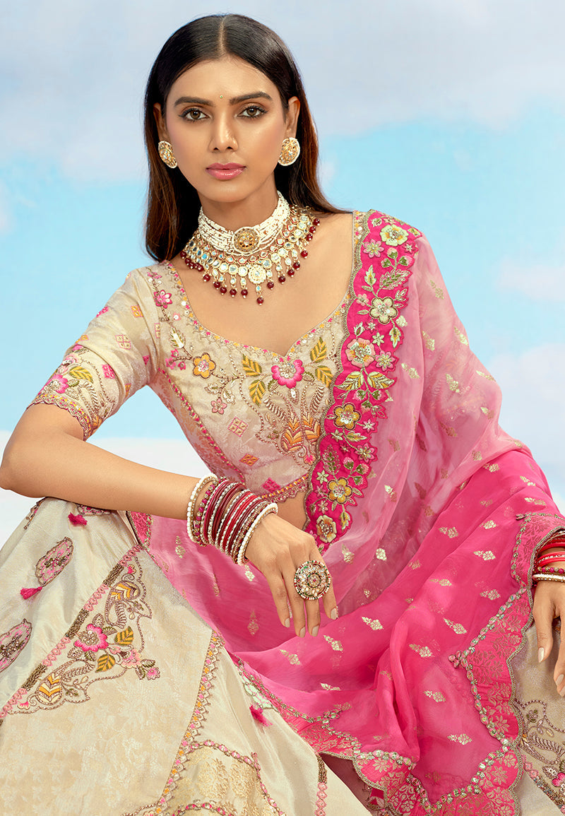 Monjolika Fashion Cream & Pink Silk Wedding Lehenga Choli with Embroidery & Stone Work | Grocsy
