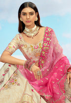 Monjolika Fashion Cream & Pink Silk Wedding Lehenga Choli with Embroidery & Stone Work | Grocsy