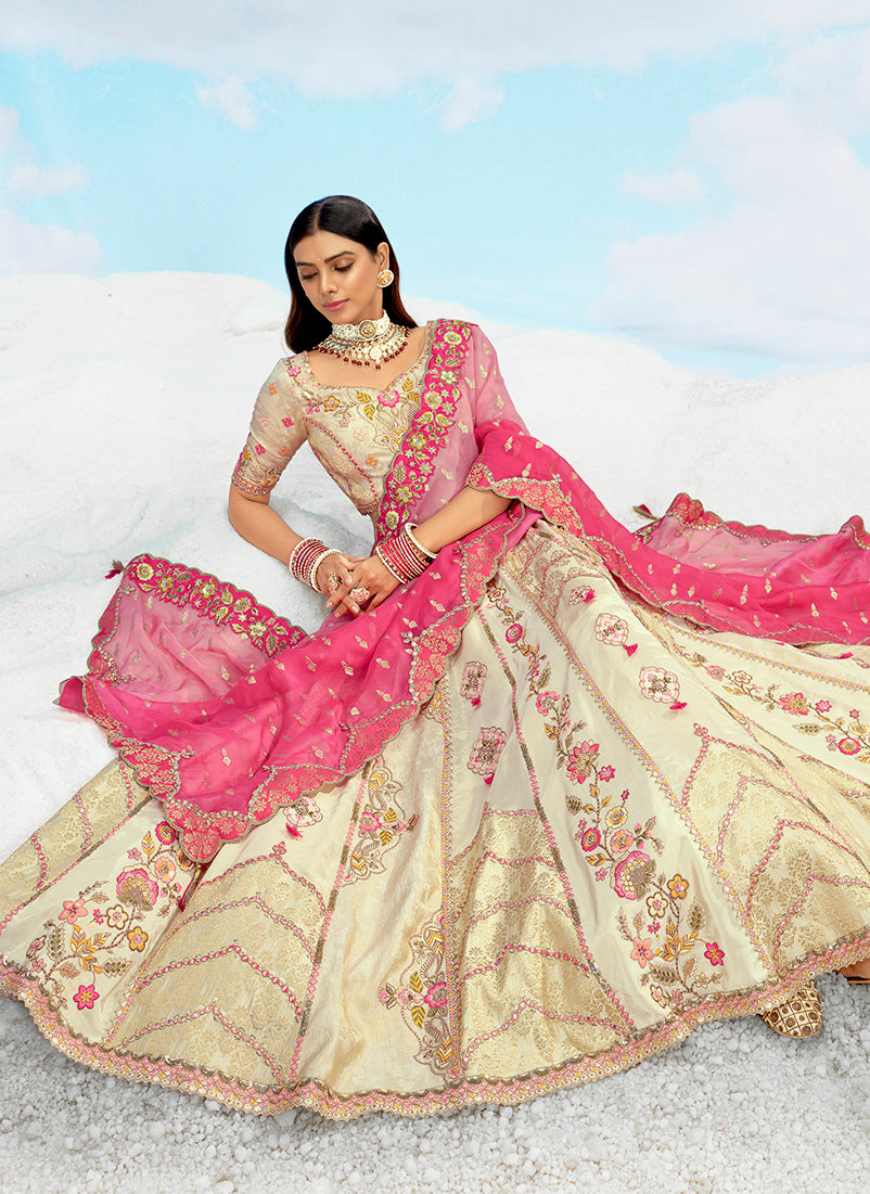 Monjolika Fashion Cream & Pink Silk Wedding Lehenga Choli with Embroidery & Stone Work | Grocsy