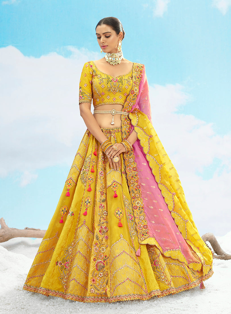 Monjolika Fashion Embroidered Sequins Yellow Silk Designer Long Lehenga Choli | Grocsy