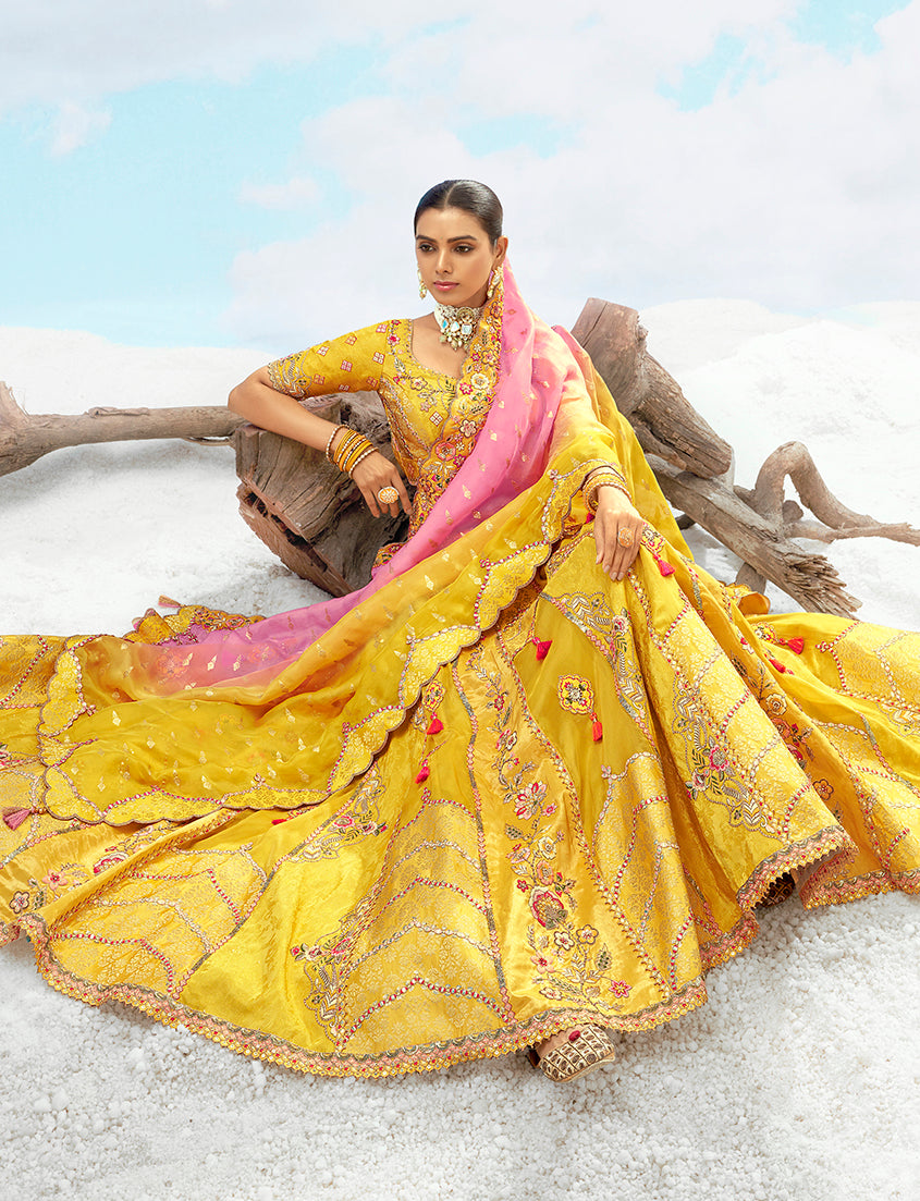 Monjolika Fashion Embroidered Sequins Yellow Silk Designer Long Lehenga Choli | Grocsy