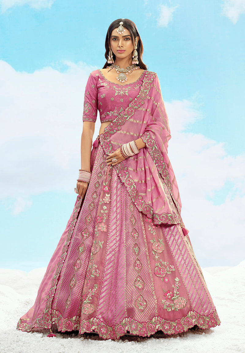 Monjolika Fashion Embroidered Onion Pink Silk Reception Lehenga Choli | Grocsy
