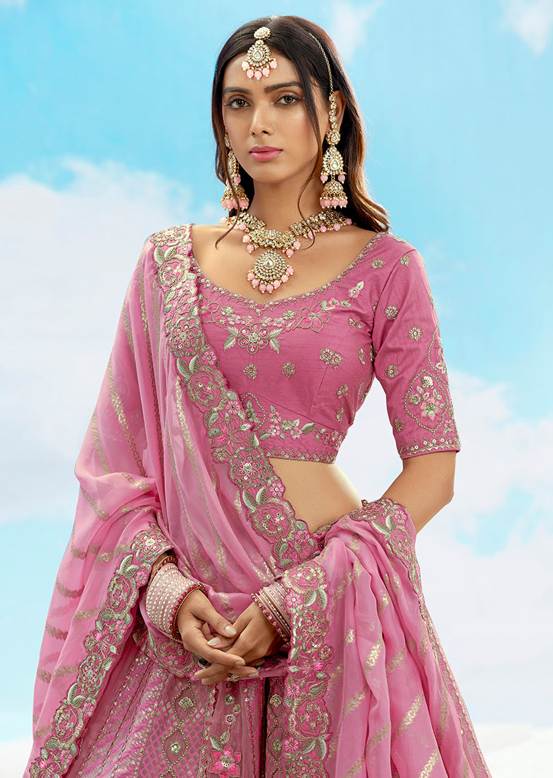 Monjolika Fashion Embroidered Onion Pink Silk Reception Lehenga Choli | Grocsy