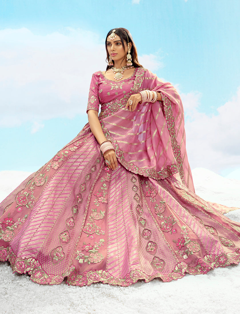Monjolika Fashion Embroidered Onion Pink Silk Reception Lehenga Choli | Grocsy