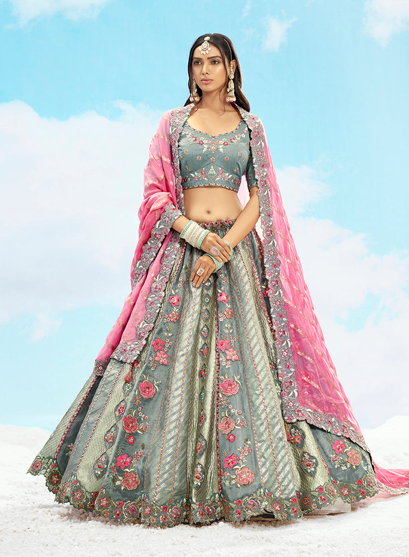 Monjolika Fashion Grey Embroidered Silk Engagement A Line Lehenga Choli | Grocsy