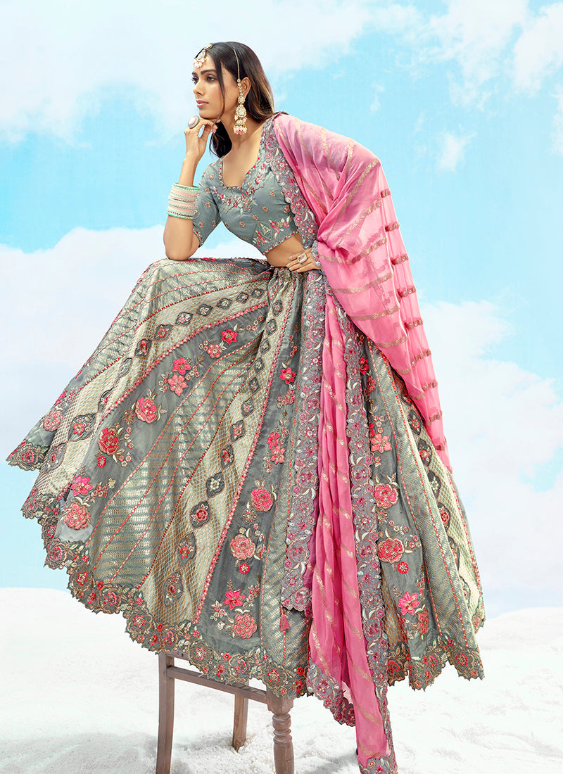 Monjolika Fashion Grey Embroidered Silk Engagement A Line Lehenga Choli | Grocsy