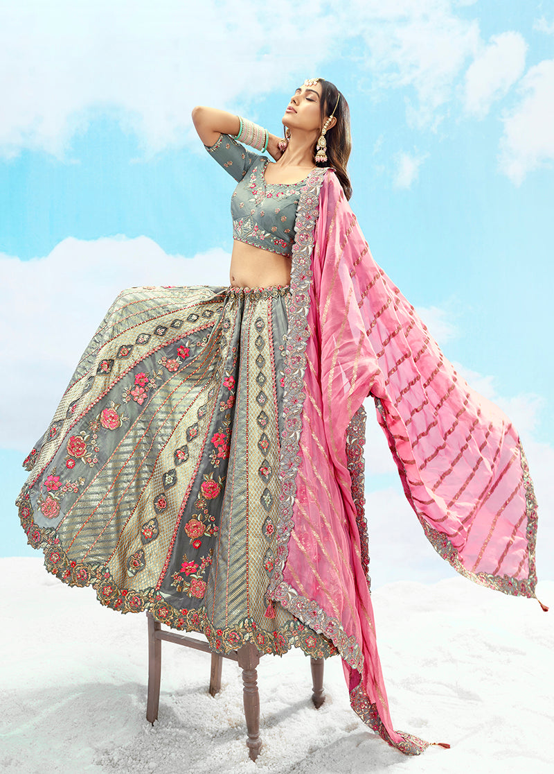 Monjolika Fashion Grey Embroidered Silk Engagement A Line Lehenga Choli | Grocsy