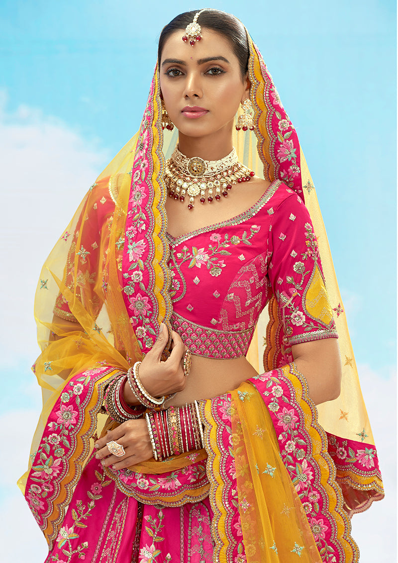 Monjolika Fashion Rani Pink Silk Embroidered Reception Lehenga Choli | Grocsy