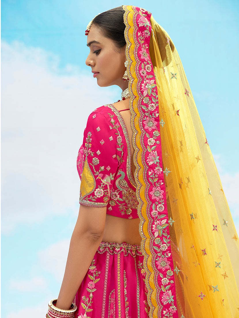 Monjolika Fashion Rani Pink Silk Embroidered Reception Lehenga Choli | Grocsy