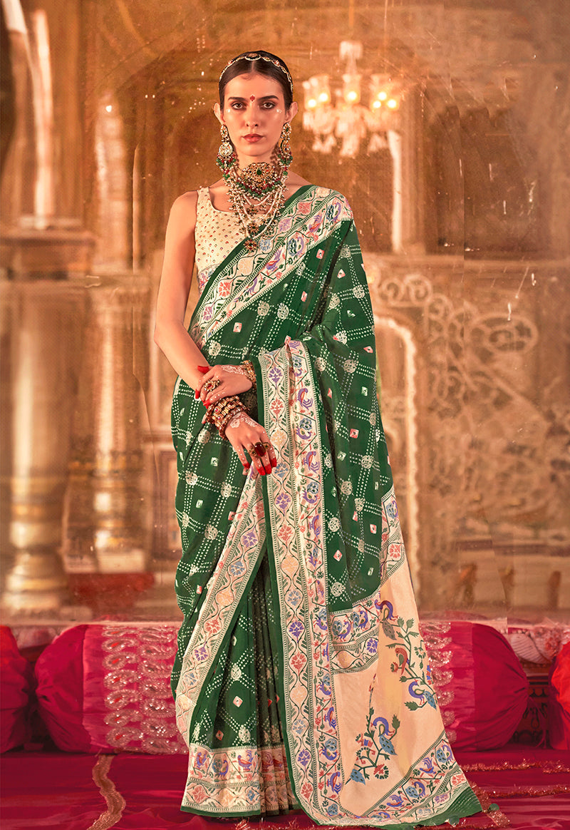 Monjolika Fashion Green Bandhej Print Silk Blend Ceremonial Contemporary Saree | Grocsy