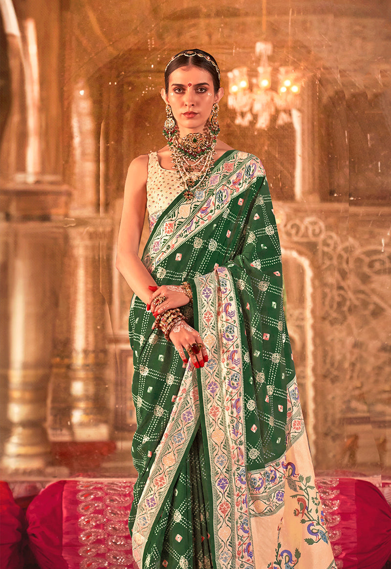 Monjolika Fashion Green Bandhej Print Silk Blend Ceremonial Contemporary Saree | Grocsy