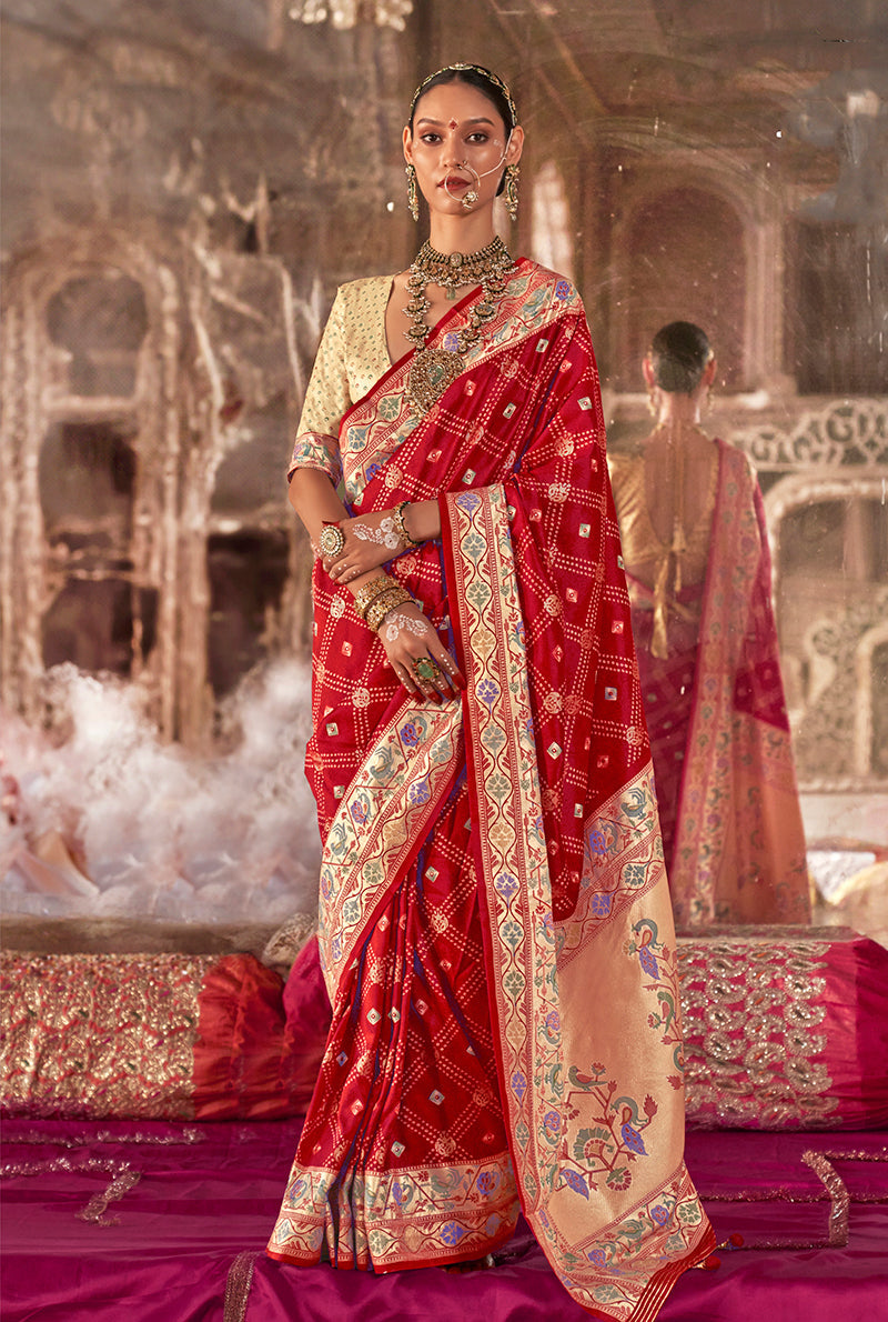 Monjolika Fashion Red Bandhej Print Silk Blend Ceremonial Contemporary Saree | Grocsy