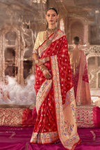 Monjolika Fashion Red Bandhej Print Silk Blend Ceremonial Contemporary Saree | Grocsy