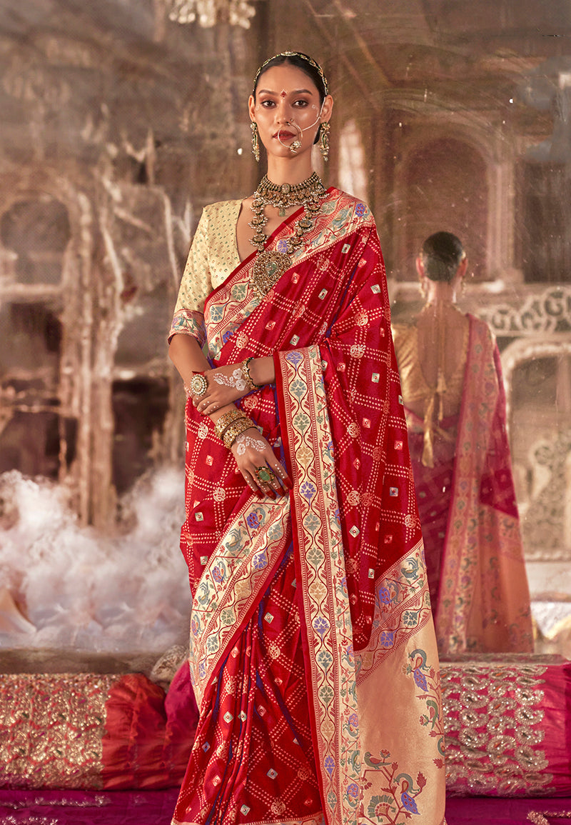 Monjolika Fashion Red Bandhej Print Silk Blend Ceremonial Contemporary Saree | Grocsy