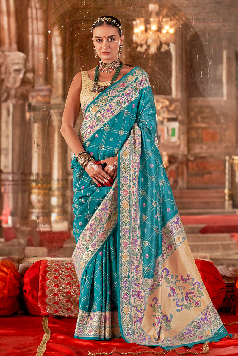 Monjolika Fashion Aqua Blue Bandhej Print Silk Blend Ceremonial Contemporary Saree | Grocsy