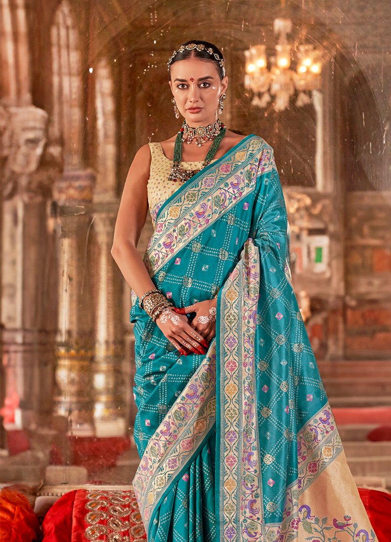 Monjolika Fashion Aqua Blue Bandhej Print Silk Blend Ceremonial Contemporary Saree | Grocsy