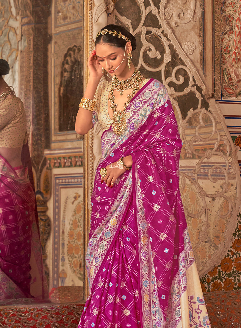 Monjolika Fashion Rani Pink Bandhej Print Silk Blend Ceremonial Contemporary Saree | Grocsy