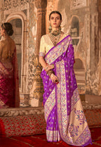 Monjolika Fashion Dark Violet Bandhej Print Silk Blend Ceremonial Contemporary Saree | Grocsy