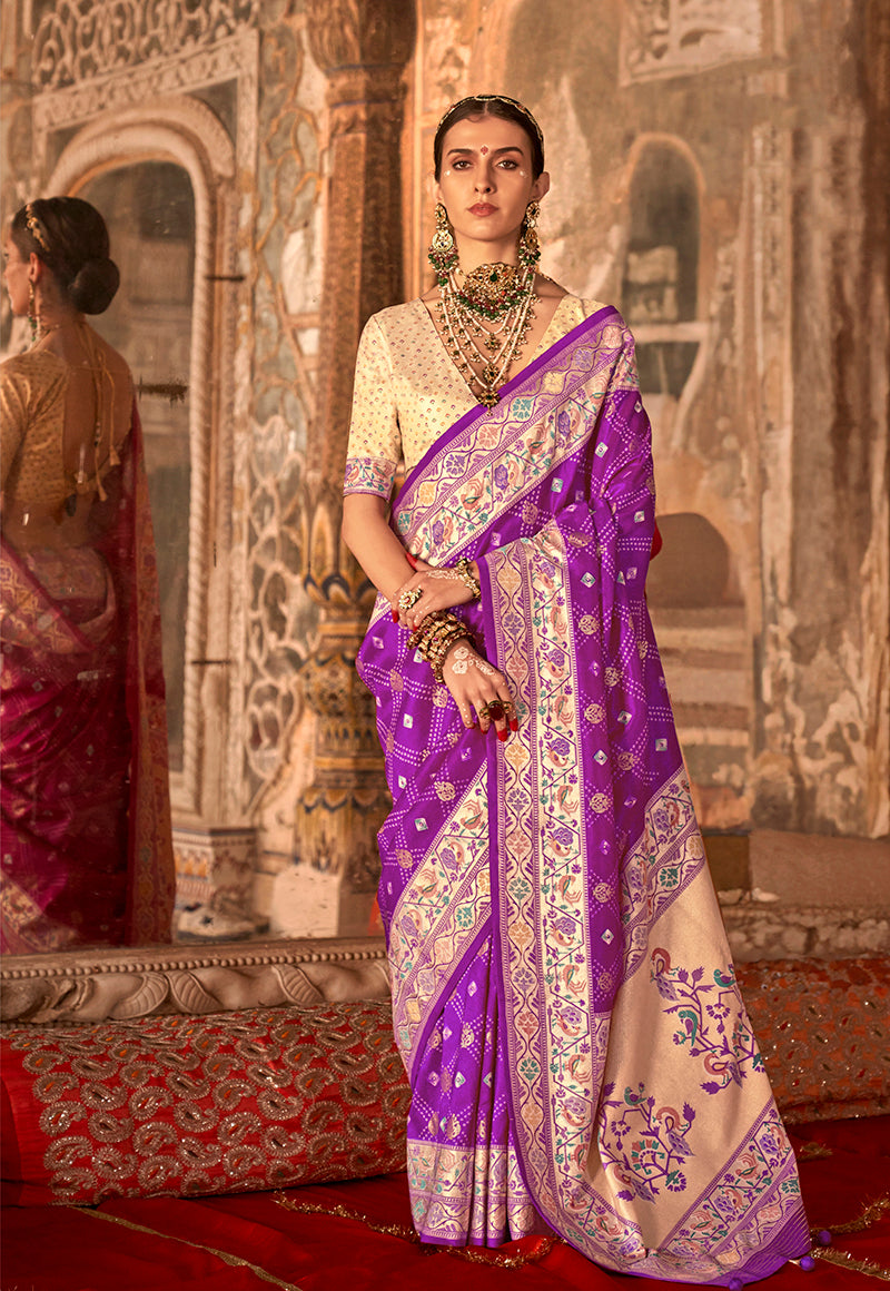 Monjolika Fashion Dark Violet Bandhej Print Silk Blend Ceremonial Contemporary Saree | Grocsy