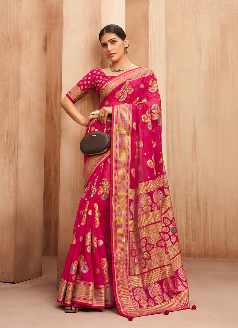 Monjolika Fashion Georgette Traditional Saree with Woven Work for Festival in Rani Pink | Grocsy