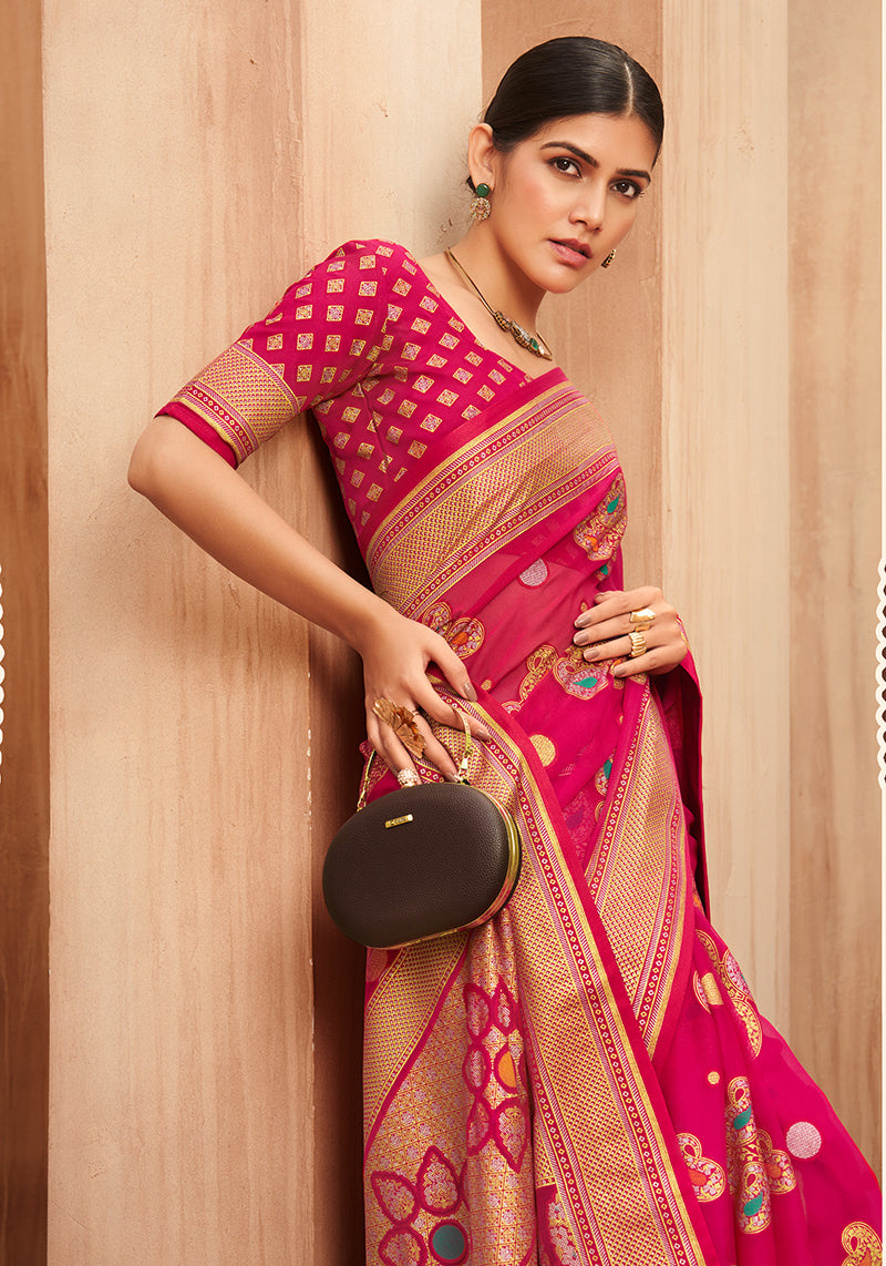 Monjolika Fashion Georgette Traditional Saree with Woven Work for Festival in Rani Pink | Grocsy