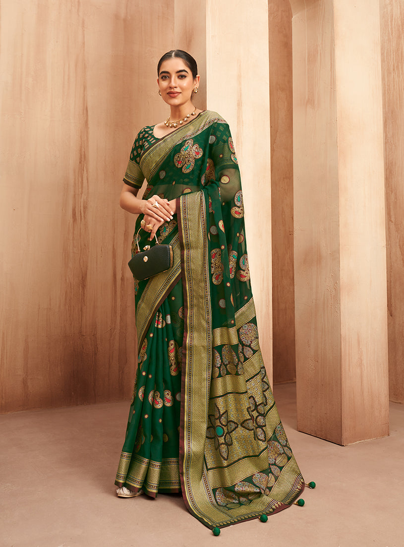 Monjolika Fashion Georgette Traditional Saree with Woven Work for Festival in Green | Grocsy