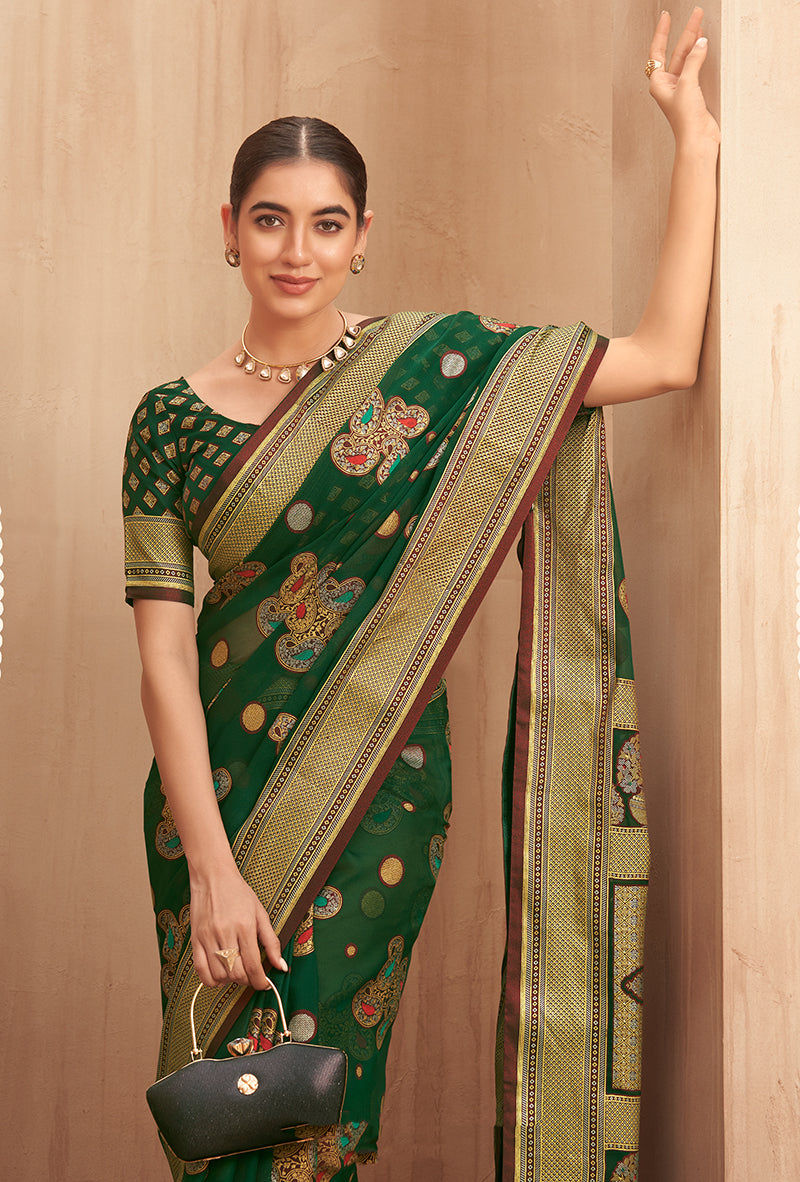 Monjolika Fashion Georgette Traditional Saree with Woven Work for Festival in Green | Grocsy
