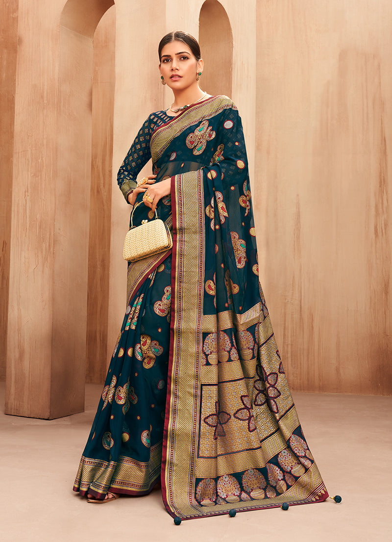 Monjolika Fashion Georgette Traditional Saree with Woven Work for Festival in Teal | Grocsy