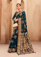 Monjolika Fashion Georgette Traditional Saree with Woven Work for Festival in Teal | Grocsy