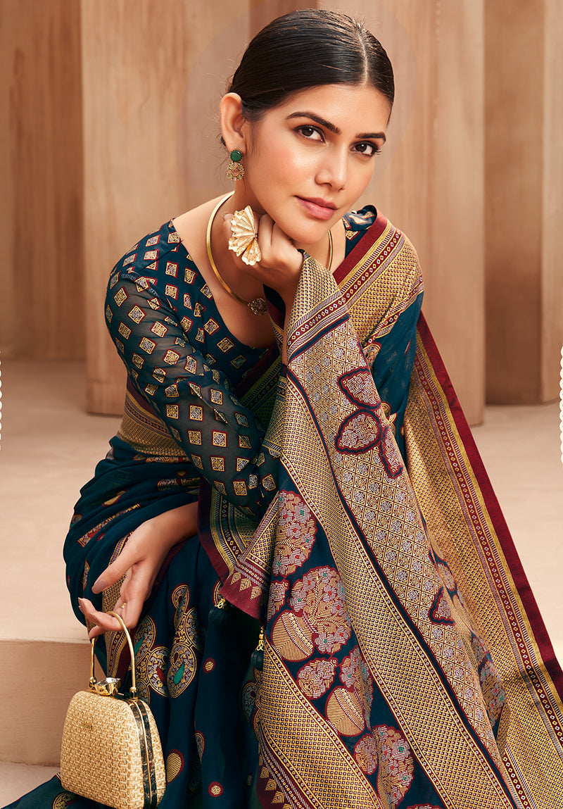 Monjolika Fashion Georgette Traditional Saree with Woven Work for Festival in Teal | Grocsy