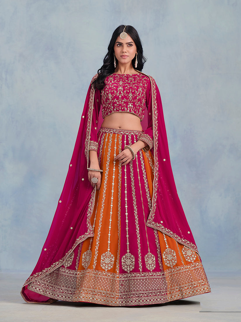 Monjolika Fashion Rani Pink Embroidered Faux Georgette Lehenga Choli | Grocsy
